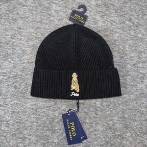 Polo Ralph Lauren Preppy Golden Retriever Dog Rib Beanie Wool Blend Black NEW